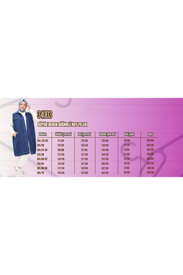 34003 Büyük Beden Düğmeli Kot Yelek - Antrasit - 2