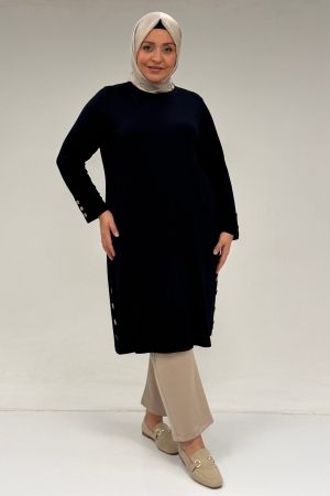 38015 Büyük Beden Düğme Detaylı Penye Tunik - Lacivert - 3