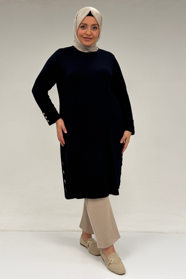 38015 Büyük Beden Düğme Detaylı Penye Tunik - Lacivert - 3