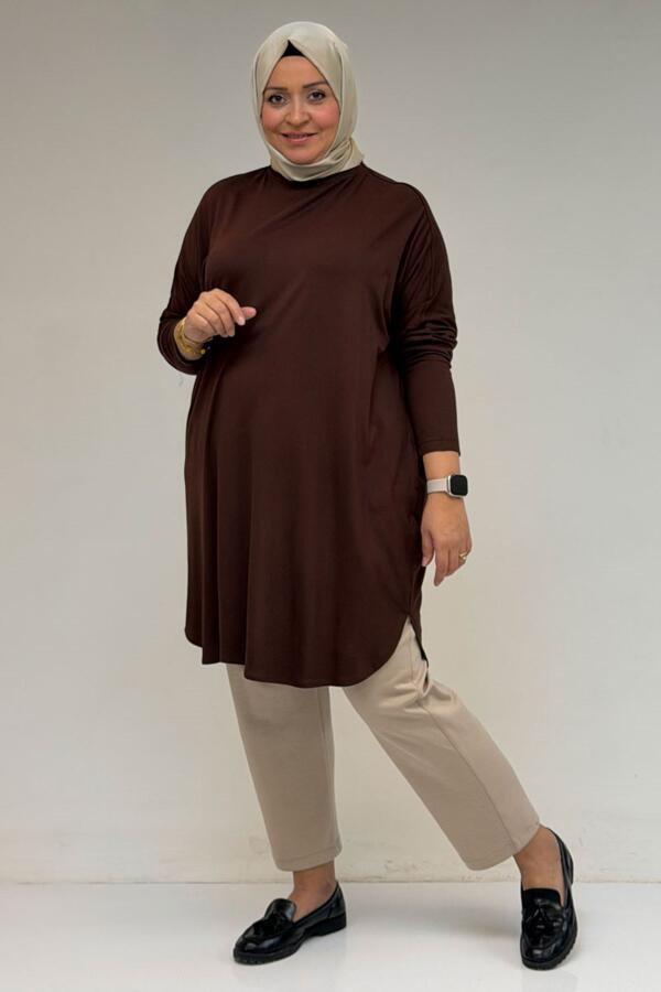 38111 Büyük Beden Basic Penye Tunik - Kahve - 1
