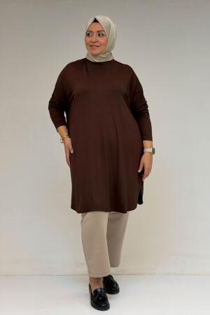 38111 Büyük Beden Basic Penye Tunik - Kahve - 3