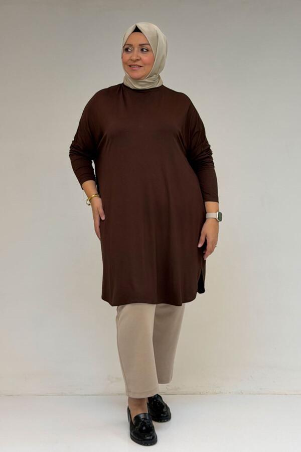 38111 Büyük Beden Basic Penye Tunik - Kahve - 3