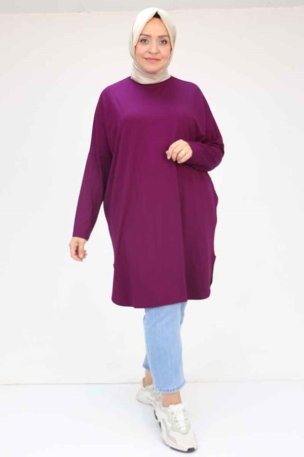 38111 Büyük Beden Basic Penye Tunik - Mürdüm - 1