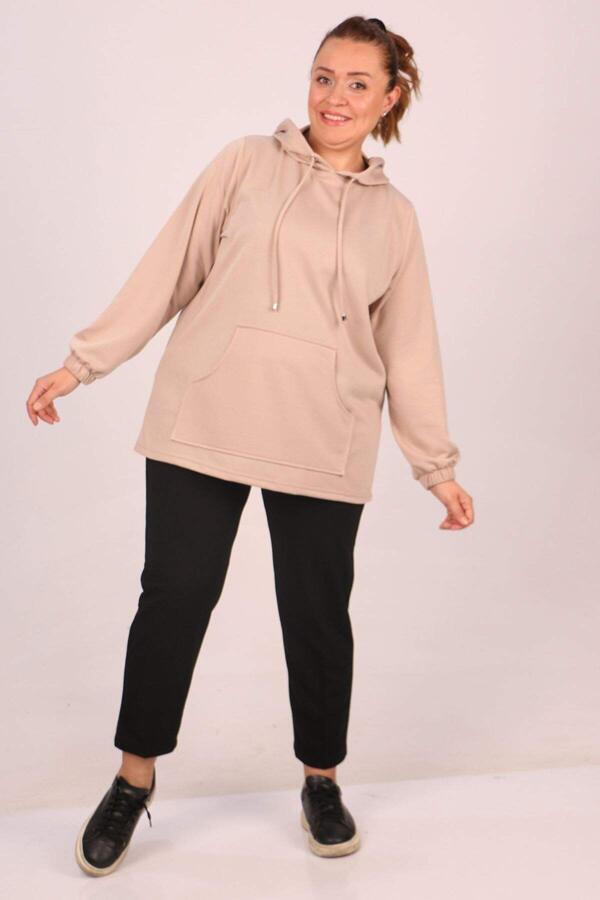 38167 Plus Size Hooded Two Thread Short Tunic-Beige - 1