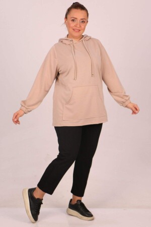 38167 Plus Size Hooded Two Thread Short Tunic-Beige - 2