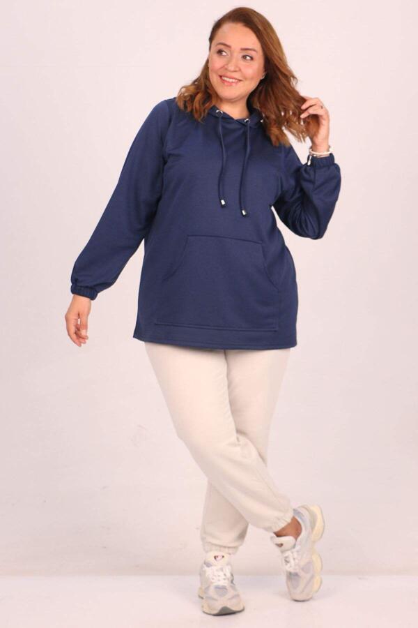 38167 Plus Size Hooded Two Thread Short Tunic-Navy Blue - 1