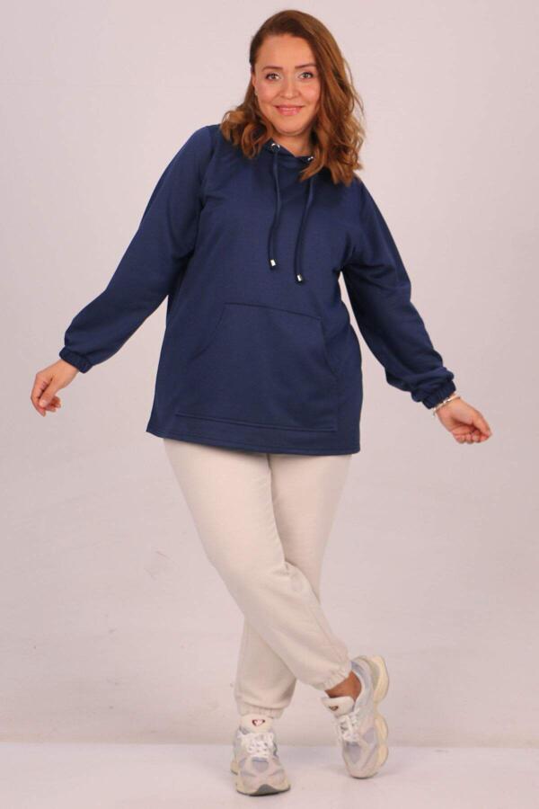 38167 Plus Size Hooded Two Thread Short Tunic-Navy Blue - 2