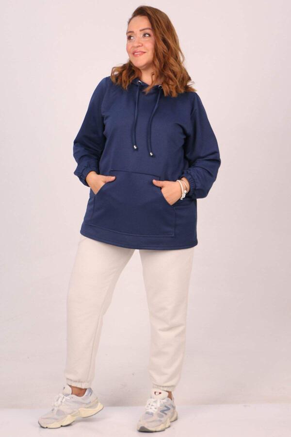 38167 Plus Size Hooded Two Thread Short Tunic-Navy Blue - 3