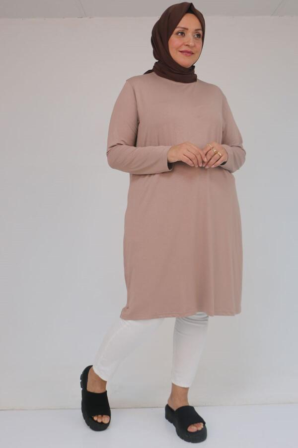 38501 Büyük Beden Basic Penye Tunik - Bej - 1