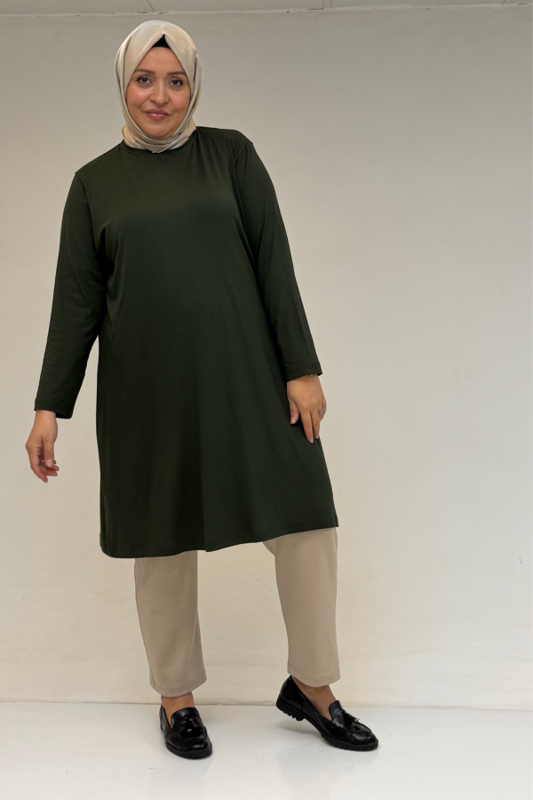 38501 Büyük Beden Basic Penye Tunik - Haki - 1