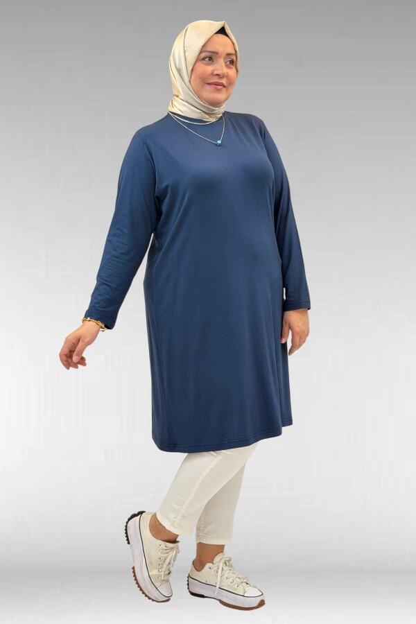 38501 Büyük Beden Basic Penye Tunik - İndigo - 1