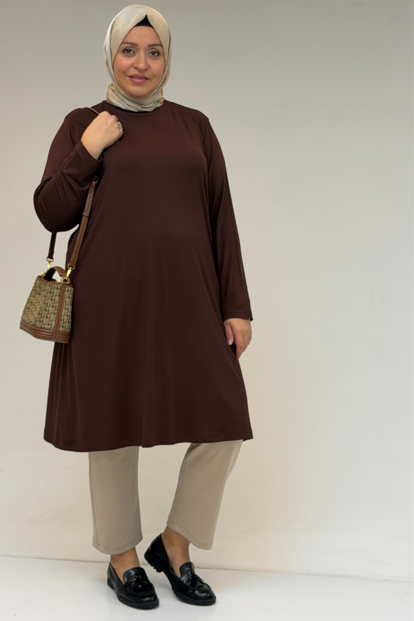 38501 Büyük Beden Basic Penye Tunik - Kahverengi - 1