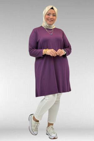 38501 Büyük Beden Basic Penye Tunik -Mürdüm - 1