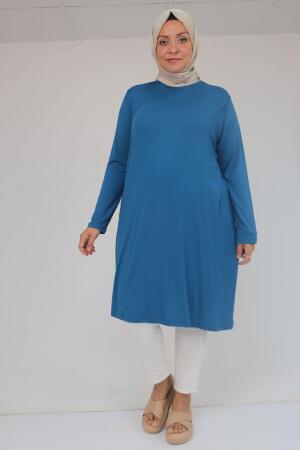 38501 Büyük Beden Basic Penye Tunik -Petrol - 1