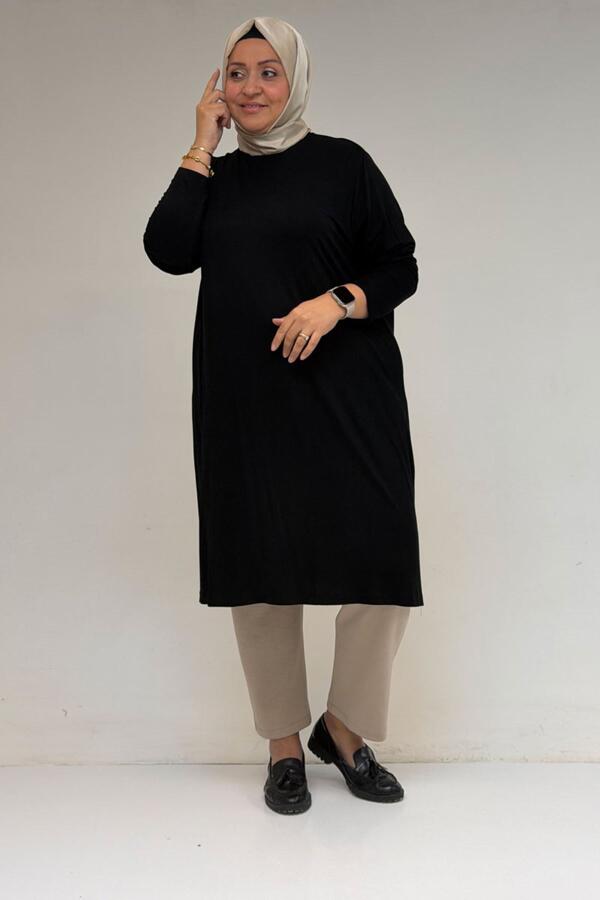 38501 Büyük Beden Basic Penye Tunik - Siyah - 3