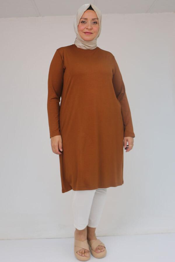 38501 Büyük Beden Basic Penye Tunik - Taba - 1