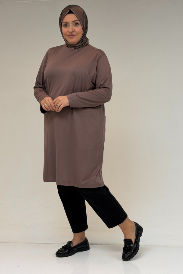 38501 Büyük Beden Basic Penye Tunik - Vizon - 3