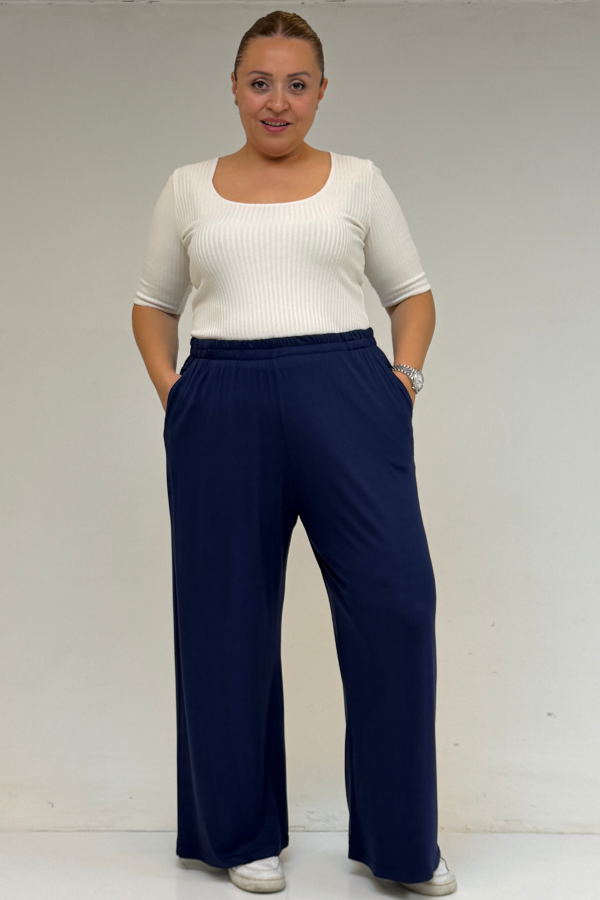 39000 Büyük Beden Yüksek Beli Lastikli Bol Paça Penye Pantolon - İndigo - 1