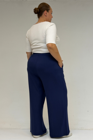 39000 Büyük Beden Yüksek Beli Lastikli Bol Paça Penye Pantolon - İndigo - 3