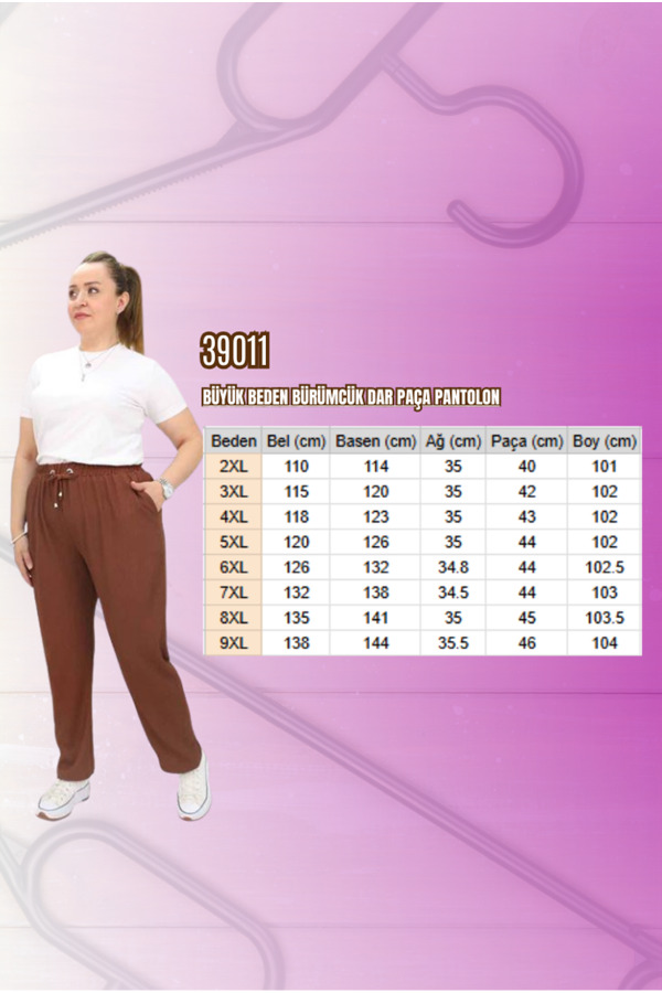 39011 Büyük Beden Lastikli Bürümcük Dar Paça Pantolon - Taba - 2