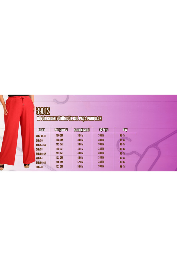 39012 Büyük Beden Bürümcük Bol Paça Pantolon-Gül Kurusu - 2