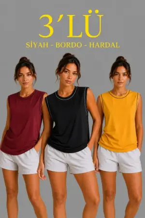 3’lü Kolsuz Sporcu Atlet Seti Yazlık Bisiklet Yaka - Siyah, Bordo, Hardal - 1
