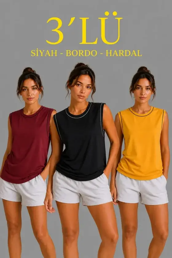 3’lü Kolsuz Sporcu Atlet Seti Yazlık Bisiklet Yaka - Siyah, Bordo, Hardal - 1