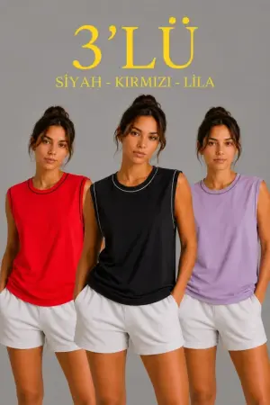 3’lü Kolsuz Sporcu Atlet Seti Yazlık Bisiklet Yaka - Siyah, Kırmızı, Lila - 1