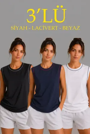 3’lü Kolsuz Sporcu Atlet Seti Yazlık Bisiklet Yaka - Siyah, Lacivert, Beyaz - 1