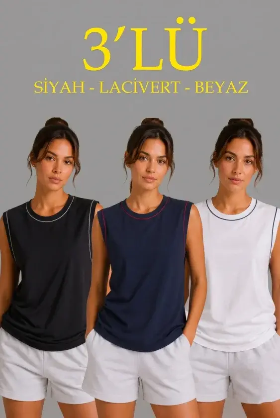 3’lü Kolsuz Sporcu Atlet Seti Yazlık Bisiklet Yaka - Siyah, Lacivert, Beyaz - 1