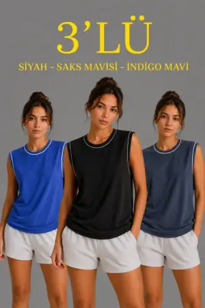 3’lü Kolsuz Sporcu Atlet Seti Yazlık Bisiklet Yaka - Siyah, Saks Mavisi, İndigo - 1