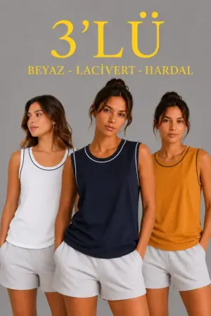 3’lü Kolsuz Sporcu Atlet Seti Yazlık Bisiklet Yakalı - Beyaz, Lacivert, Hardal - 1