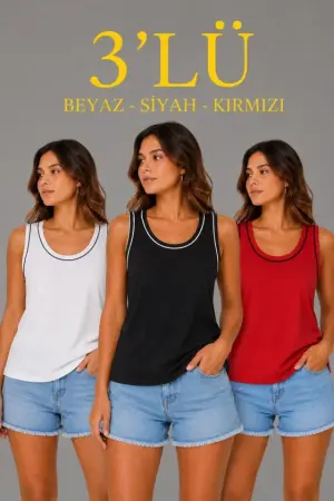 3’lü Kolsuz Sporcu Atlet Seti Yazlık Bisiklet Yakalı - Beyaz, Siyah, Kırmızı - 1