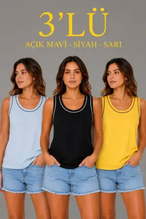 3’lü Kolsuz Sporcu Atlet Seti Yazlık Bisiklet Yakalı - Sarı, Siyah, Bebe Mavisi - 1