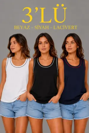 3’lü Kolsuz Sporcu Atlet Seti Yazlık Bisiklet Yakalı - Siyah, Lacivert, Beyaz - 1