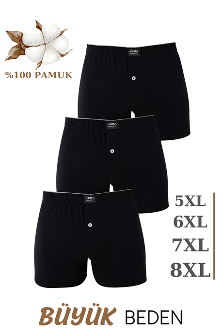 3'lü Paket Erkek Büyük Beden Boxer Siyah %100 Pamuklu Penye Geniş Kalıp Battal Boy İç Çamaşırı - 1