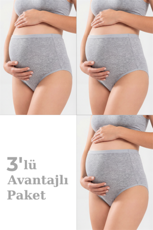 3'lü Paket Kadın Gri Pamuklu Likralı Yüksek Bel Hamile Lohusa Külot Esnek ve Rahat Kumaş - 1