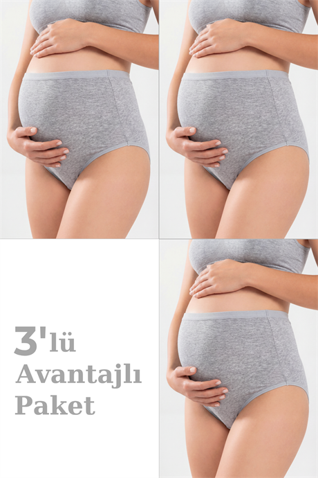 3'lü Paket Kadın Gri Pamuklu Likralı Yüksek Bel Hamile Lohusa Külot Esnek ve Rahat Kumaş - 1