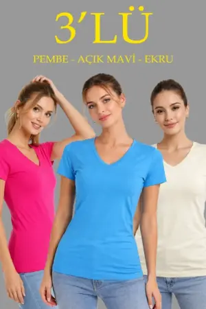 3lü V Yaka Tişört – Kısa Kollu Yazlık Slim Fit Body - Pembe, Açık Mavi, Ekru - 1