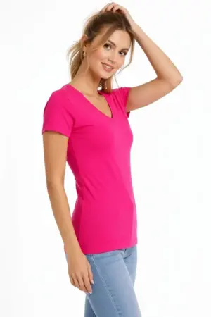 3lü V Yaka Tişört – Kısa Kollu Yazlık Slim Fit Body - Pembe, Açık Mavi, Ekru - ANGELINO BuyukBedeniz (1)