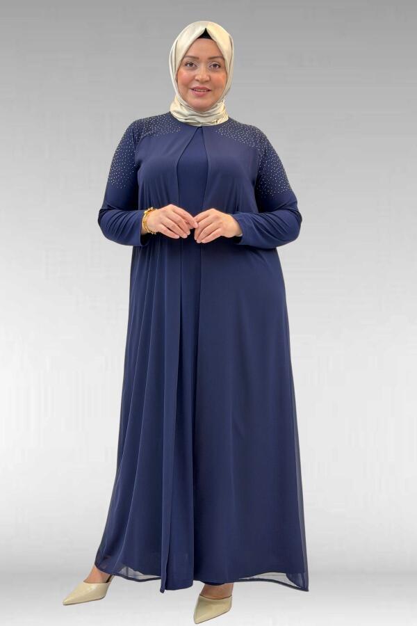42003 Büyük Beden Taş Detaylı Sandy-Şifon Elbise - Lacivert - 1