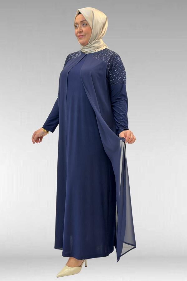 42003 Büyük Beden Taş Detaylı Sandy-Şifon Elbise - Lacivert - 2