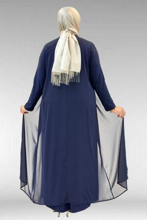 42003 Büyük Beden Taş Detaylı Sandy-Şifon Elbise - Lacivert - 3