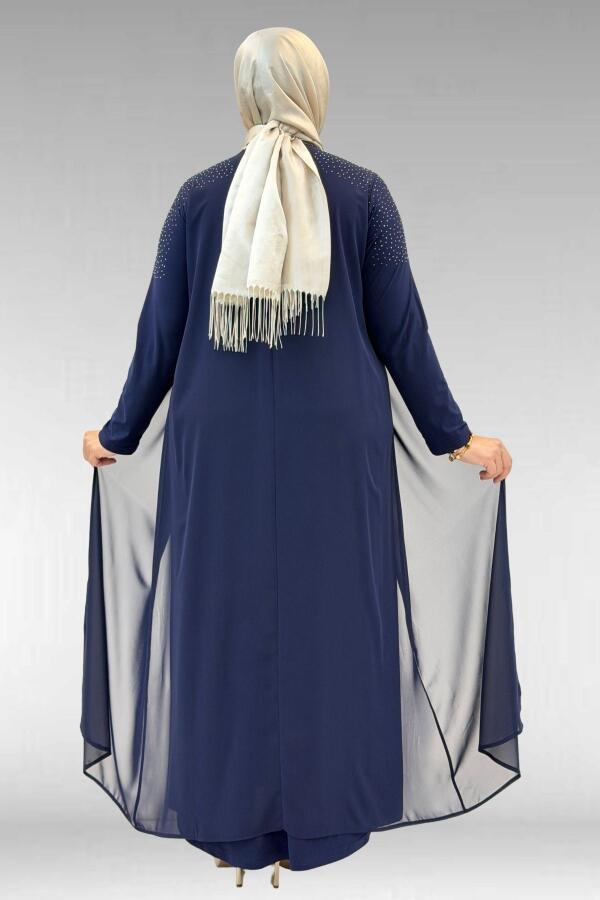 42003 Büyük Beden Taş Detaylı Sandy-Şifon Elbise - Lacivert - 3