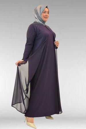 42003 Büyük Beden Taş Detaylı Sandy-Şifon Elbise - Mor - 
