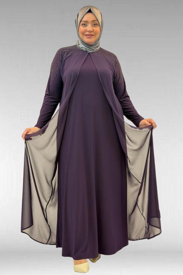 42003 Büyük Beden Taş Detaylı Sandy-Şifon Elbise - Mor - 2