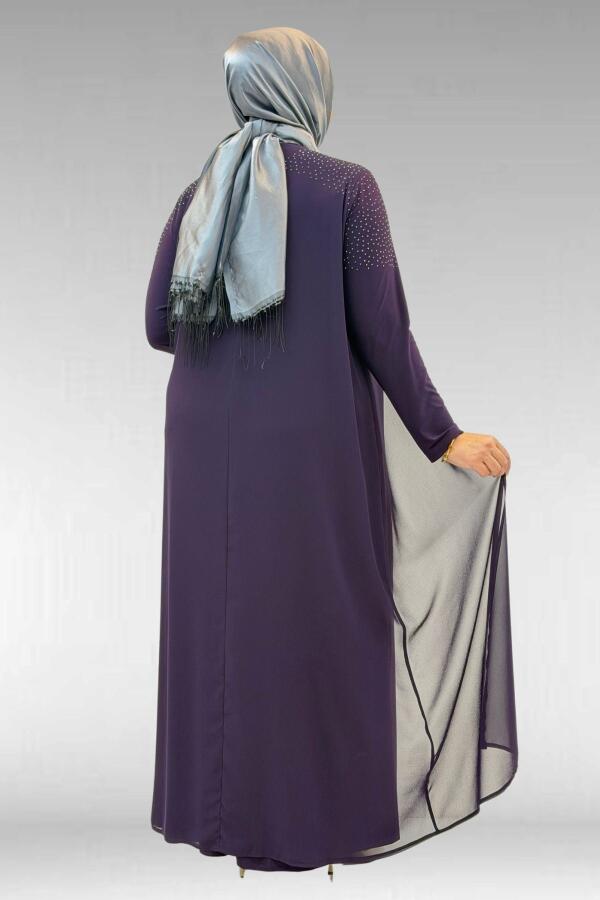 42003 Büyük Beden Taş Detaylı Sandy-Şifon Elbise - Mor - 3