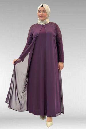 42003 Büyük Beden Taş Detaylı Sandy-Şifon Elbise - Mürdüm - 