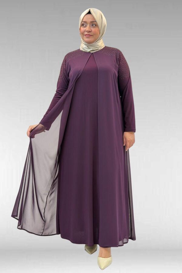 42003 Büyük Beden Taş Detaylı Sandy-Şifon Elbise - Mürdüm - 1