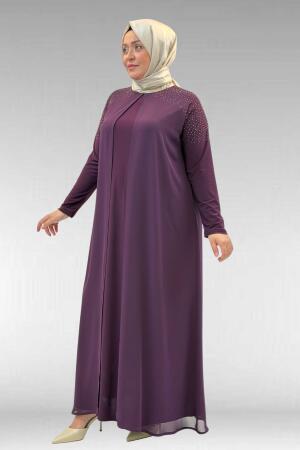 42003 Büyük Beden Taş Detaylı Sandy-Şifon Elbise - Mürdüm - (1)